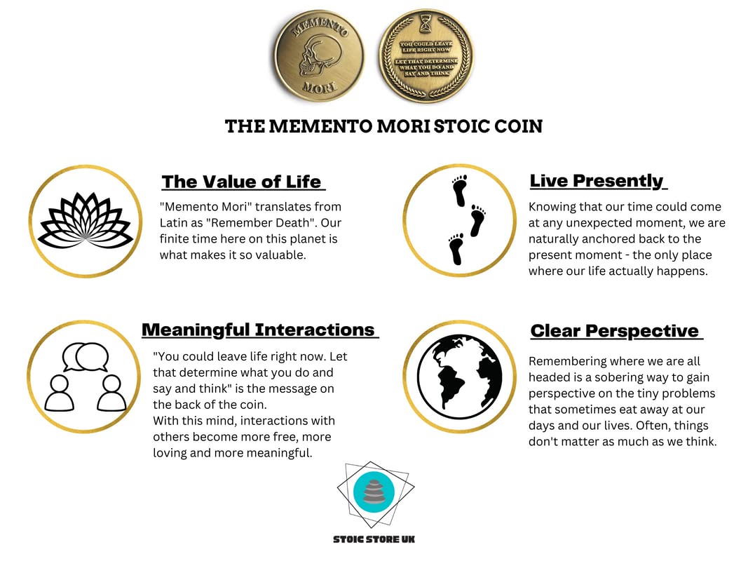 STOIC STORE UK Moneda Memento Mori Estoica, Moneda Momento Mori - Moneda Estoica de Doble Cara de 38mm - Moneda Inspiradora Diaria para Regalos de Estoicismo, Desafío Estoico - Monedas de Novedad, Tokens, Medallones